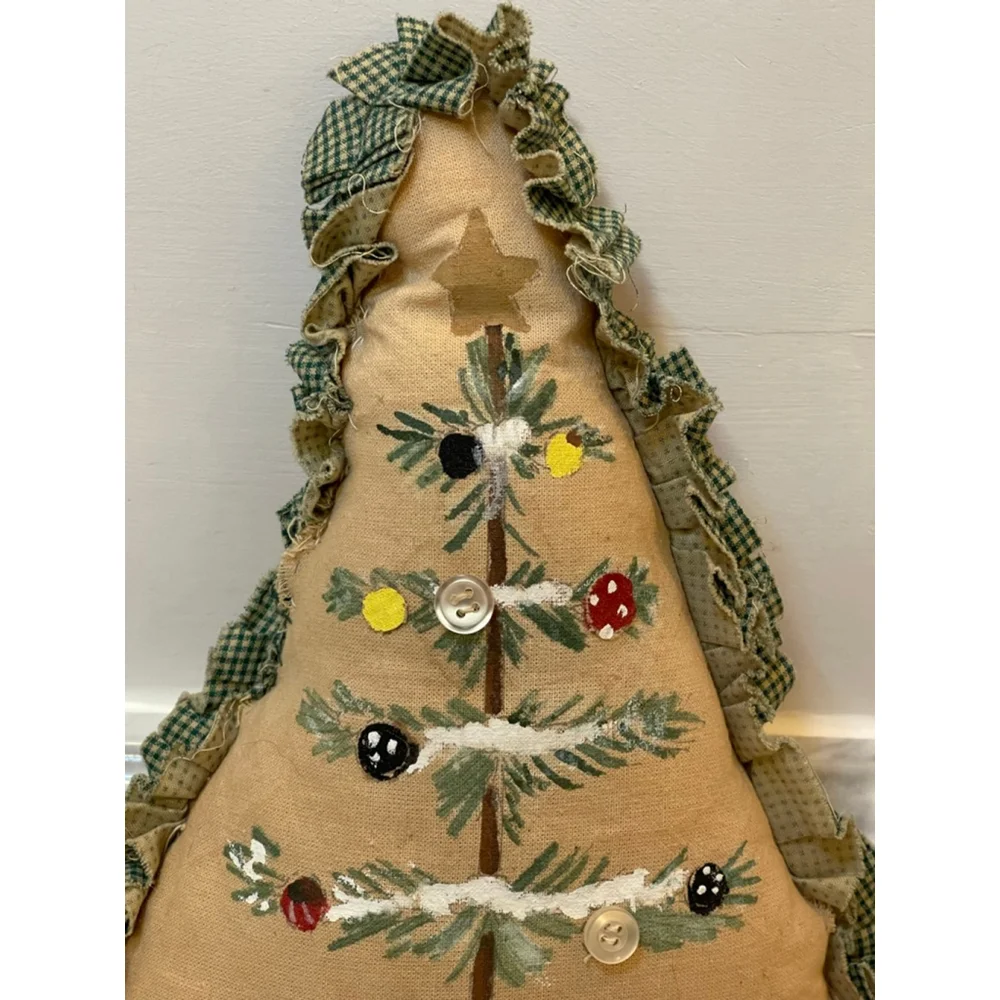 Primitive Hand-Painted Christmas Tree Pillow – Rustic Farmhouse Décor – 11x9